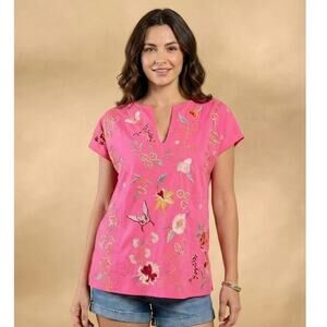 Johnny Was Pink Floral Embroidered V-Neck Blouse